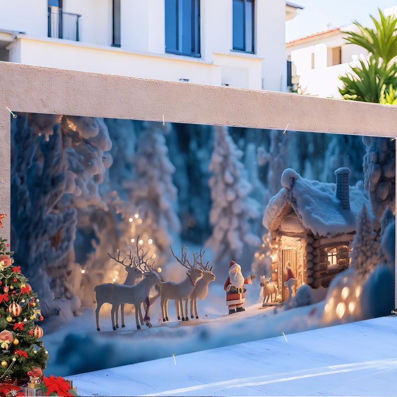 ANNA QUEEN Christmas Garage Door Banner 6×13 FT, Cozy Cabin with Santa & Reindeer, Winter Forest Holiday Scene, Outdoor Garage Decoration for Parties Home Decor - Image 5